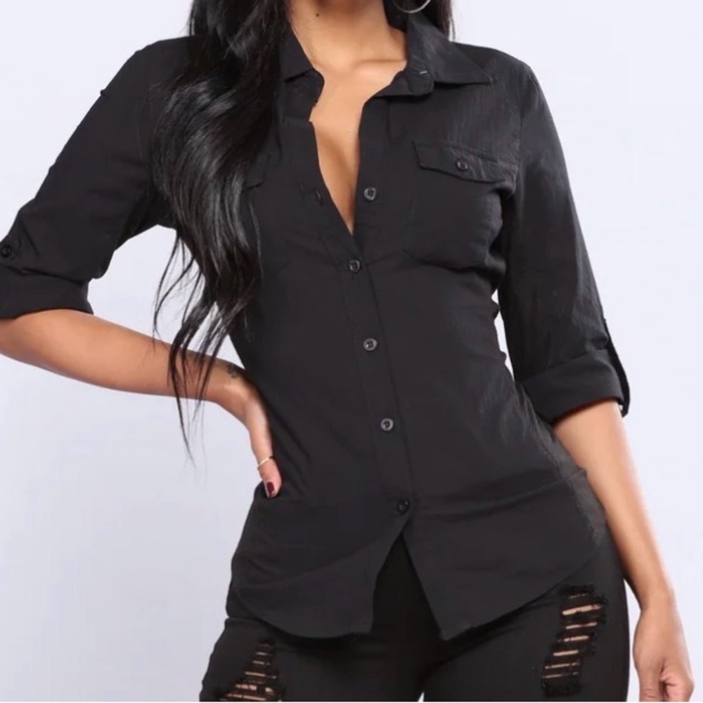 Black Women's Button-Front Shirt Top